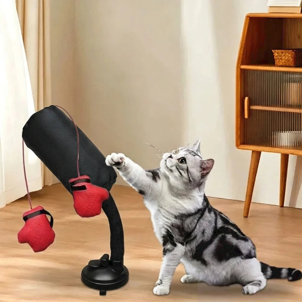 Cartoon Cat Punching Bag Toy with Boxing Gloves Suction Cup Indoor Toy for Kittens and Adult Cats Random Color Shipped Pet